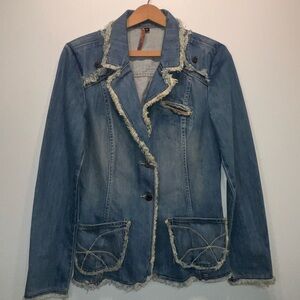Blujeanious Women's Denim Jean Blazer Jacket Sz Small Made In USA Frayed Edges
